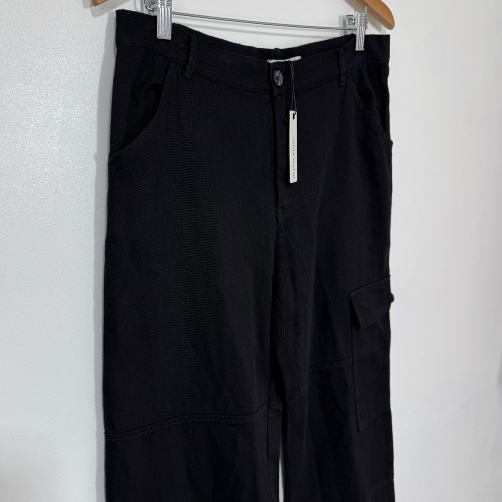 Single-Pocket Cargo Wide Leg Pants 100% Cotton by Olivaceous Black Women Size L